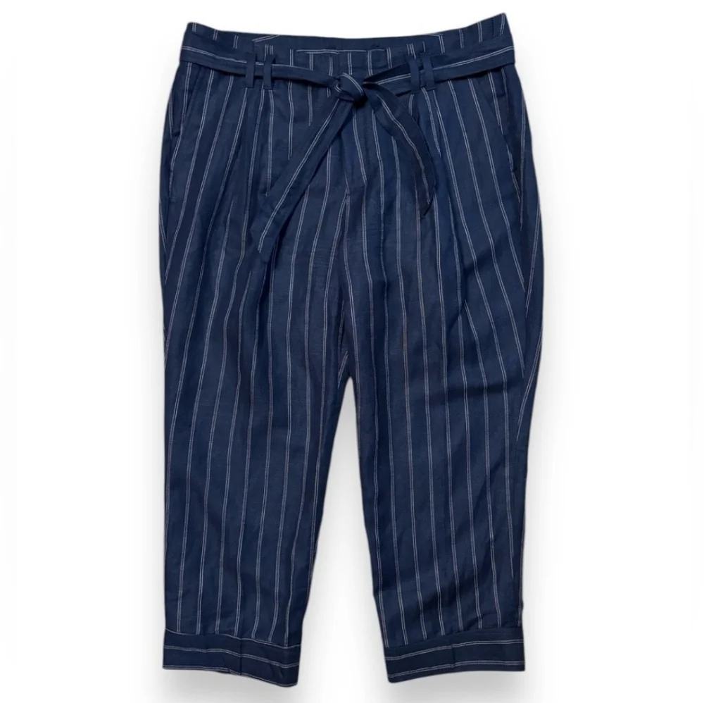 BANANA REPUBLIC Navy Striped Linen Blend Cropped Trousers Paper Bag Waist